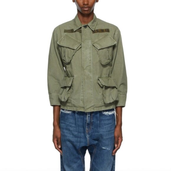 $525 R13 Olive Green Vintage Wash Military Shrunken Army Cotton Jacket sz Small - Picture 1 of 11